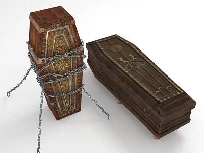 Vintage Wooden Coffins One Chained With Metal Chains And The Other With Decorative Carvings 3d model