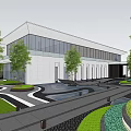 Modern Sales Office Building With Glass Facade Landscaped Gardens Curved Pathways And Green Lawns