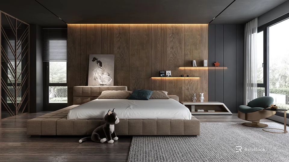 Modern Bedroom Interior With Wooden Accent Wall LED Lighting And Plush Toy On Area Rug 3d model 