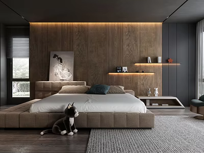 Modern Bedroom Interior With Wooden Accent Wall LED Lighting And Plush Toy On Area Rug 3d model