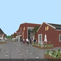 Vibrant Commercial Street With Red Brick Buildings Pedestrians Greenery And String Lights