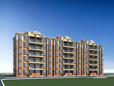 Modern Townhouse Exterior Featuring Multi Storey Balconies Brick Facade Green Lawn And Blue Sky 3d model