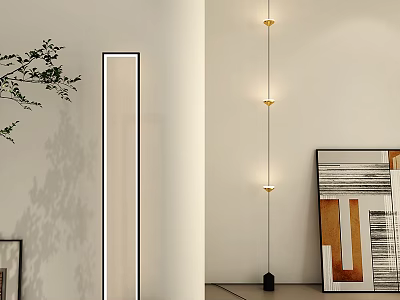 Modern Floor Lamp In Minimalist Interior Space With Decorative Painting Green Plant And Mirror 3d model
