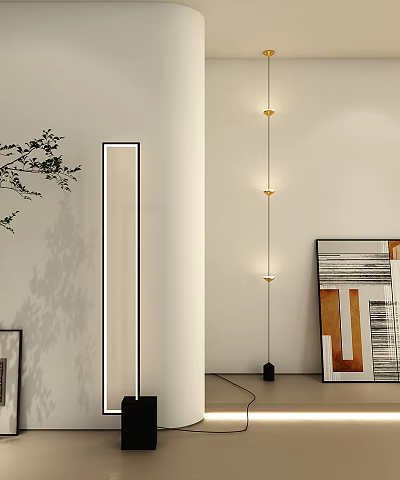 Modern Floor Lamp In Minimalist Interior Space With Decorative Painting Green Plant And Mirror 3d model