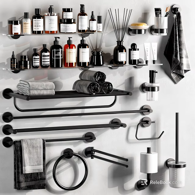 Modern Bathroom Accessories Collection With Towel Racks Holders And Toiletries 3d model 