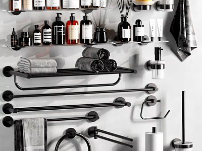 Modern Bathroom Accessories Collection With Towel Racks Holders And Toiletries 3d model