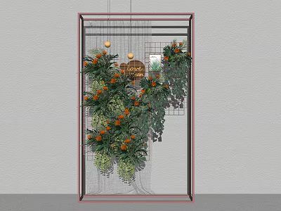 Living Plant Wall Design With Grid Frame And Lush Greenery Orange Blooms 3d model