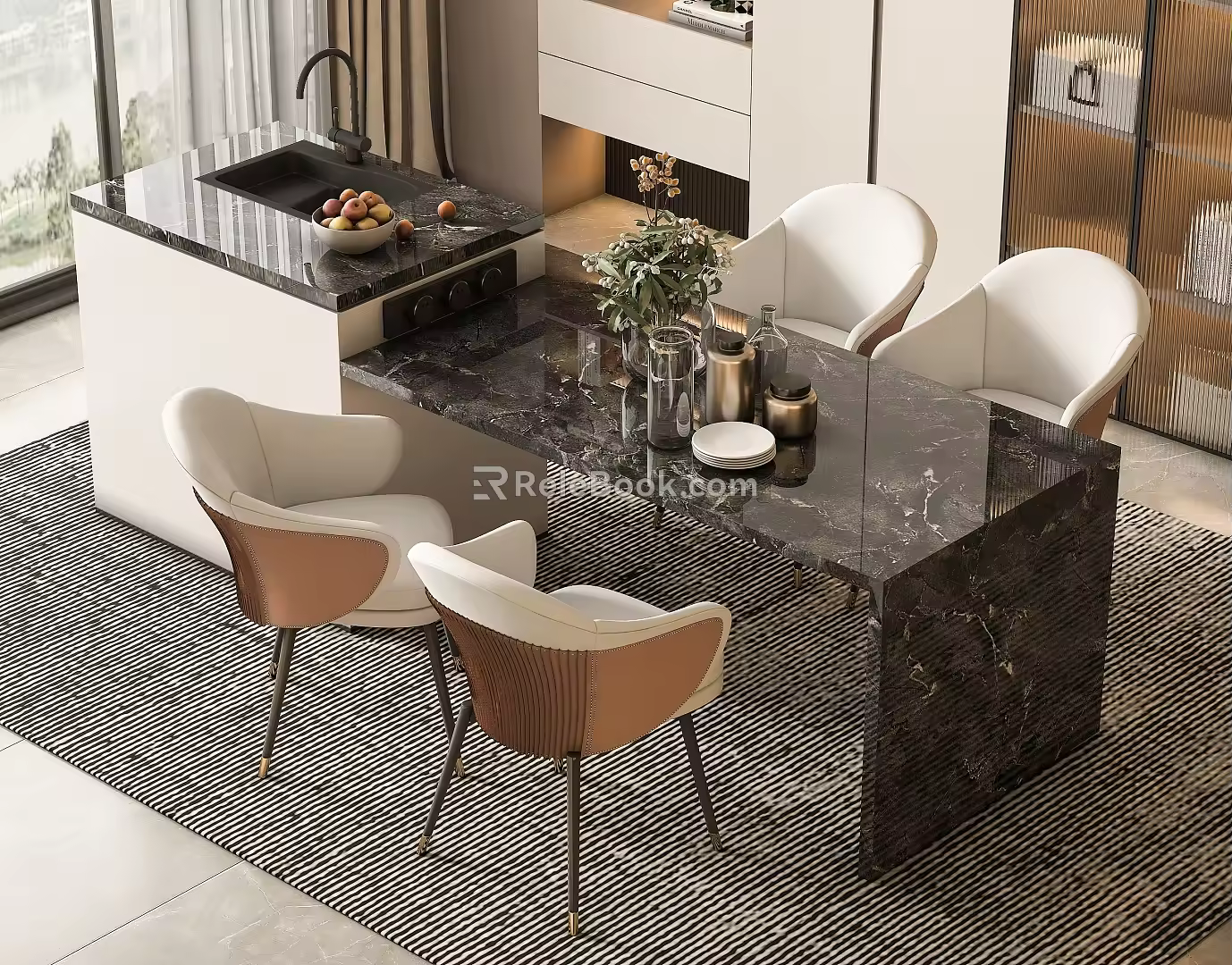 Black Island Table Rock Board Dining Table and Chair Combination Simple Dining Table Cream Style Household Dining Table Black Marble Island Table Dining Table 3d model