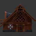 Cartoon Style Wooden House With Blue Tiled Roof Stone Base And Circular Door Decoration