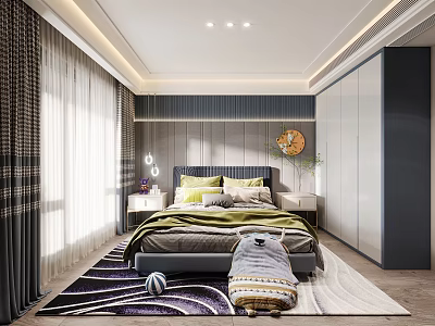 Modern Kids Room Interior With Bed Bedside Lamp Stuffed Toy Clock Curtains Wardrobe And Rug 3d model
