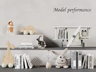 Cute Plush Rabbit Toy On Children's Shelf With Wooden Toys Books And Hourglass 3d model