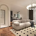 Modern Living and Dining Room with Beige Sofa Round Bulb Chandelier Black Beige Rug and Wooden Flooring