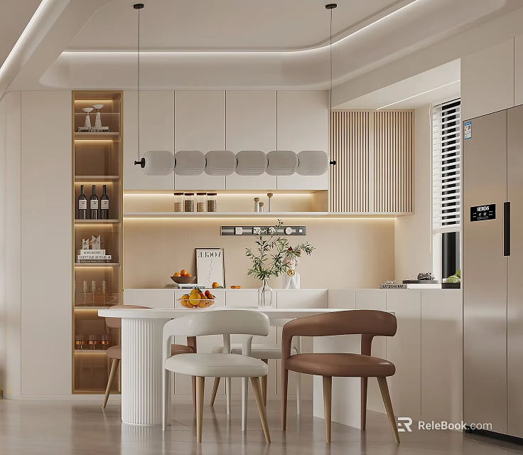 Modern Restaurant Interior With White Cabinets Round Dining Table Chairs And Warm Lighting Fixtures 3d model 
