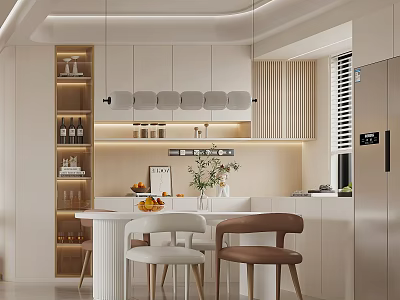 Modern Restaurant Interior With White Cabinets Round Dining Table Chairs And Warm Lighting Fixtures 3d model