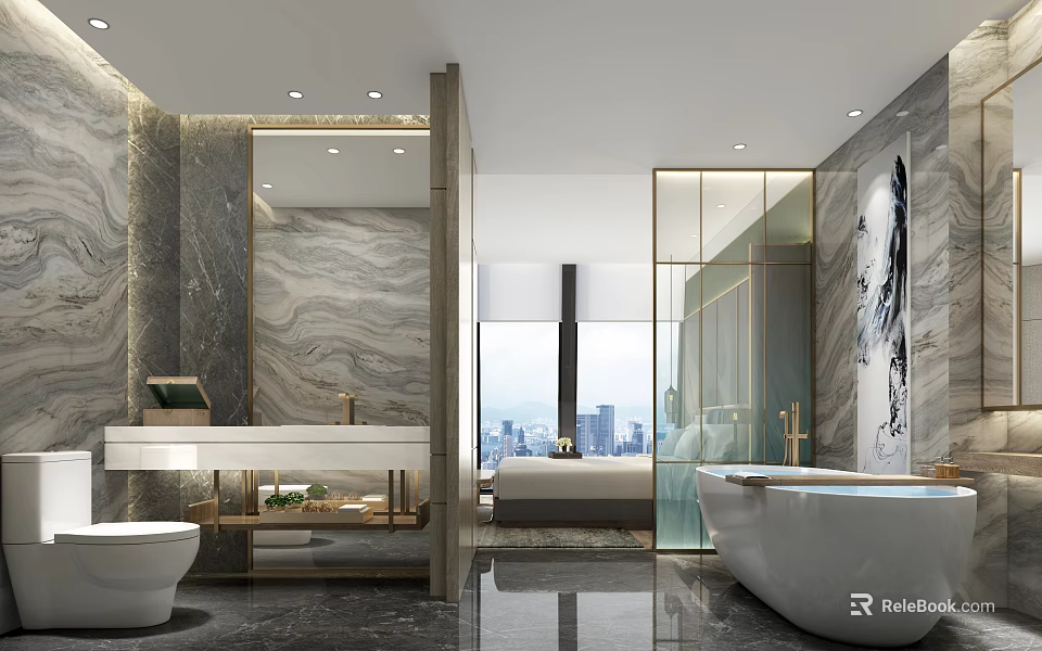 Hotel Bathroom Modern Design With Marble Walls Large Windows City View Glass Partition Bathtub Vanity 3d model 