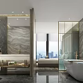 Hotel Bathroom Modern Design With Marble Walls Large Windows City View Glass Partition Bathtub Vanity