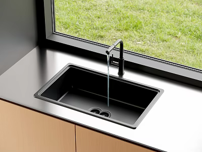 Black Undermount Kitchen Sink with Modern Faucet on Countertop by Window with Green Grass 3d model