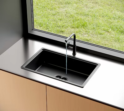 Black Undermount Kitchen Sink with Modern Faucet on Countertop by Window with Green Grass 3d model