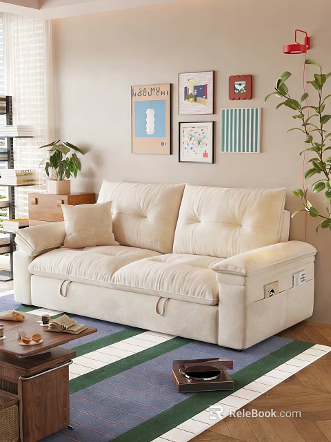 Beige Fabric Three Seater Sofa with Plush Cushions and Wall Art in Bright Living Room 3d model 