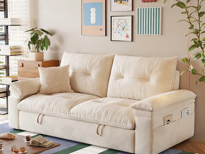 Beige Fabric Three Seater Sofa with Plush Cushions and Wall Art in Bright Living Room 3d model