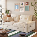 Beige Fabric Three Seater Sofa with Plush Cushions and Wall Art in Bright Living Room