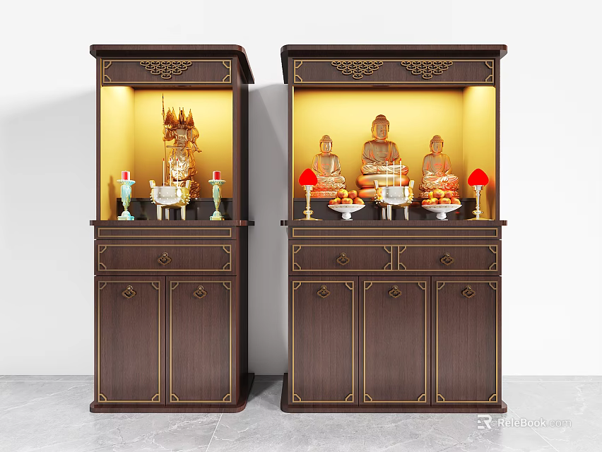 Traditional Dark Brown Buddhist Altar Cabinet With Golden Carvings Illuminated Buddha Statues And Offerings 3d model 