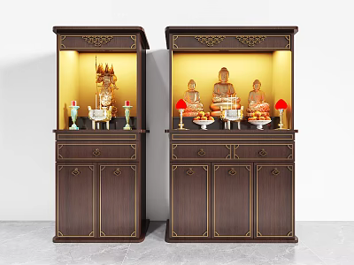 Traditional Dark Brown Buddhist Altar Cabinet With Golden Carvings Illuminated Buddha Statues And Offerings 3d model
