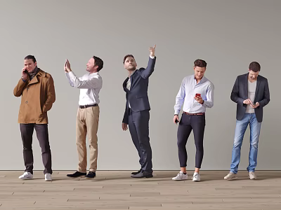 Five Men In Different Outfits Showing Various Actions Like Calling And Looking Up 3d model