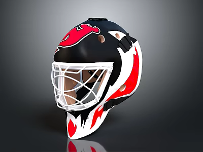Hockey Goalie Helmet With Black Red White Flame Design And Protective Cage 3d model