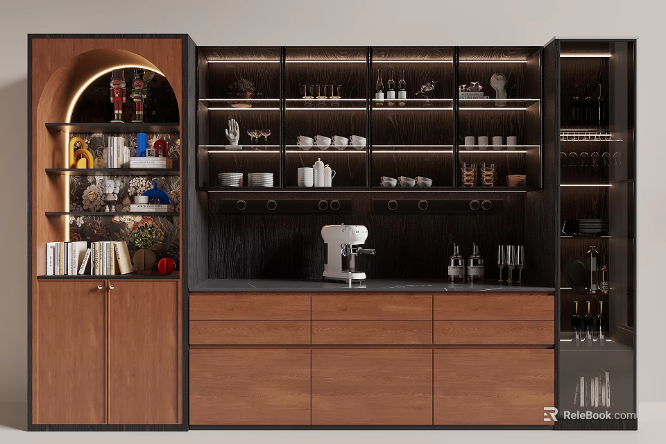 Modern Wine Cabinet With Wooden Black Frame Glass Shelves Holding Wine Bottles Glasses Coffee Machine 3d model 