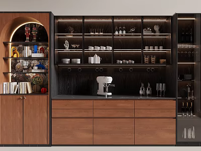 Modern Wine Cabinet With Wooden Black Frame Glass Shelves Holding Wine Bottles Glasses Coffee Machine 3d model