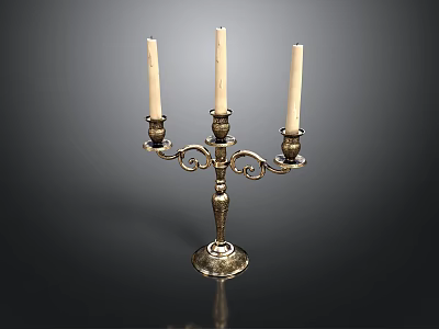 Classic Gold Tone Candelabra With Three Candles Ornate Carvings And Stable Base 3d model