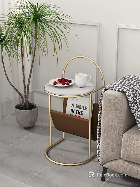 Gold Frame Round Side Table with White Cup Red Berries Brown Fabric Pocket Near Sofa 3d model 