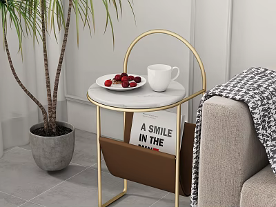 Gold Frame Round Side Table with White Cup Red Berries Brown Fabric Pocket Near Sofa 3d model