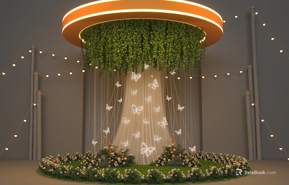 Stunning Photo Spot With Orange Glowing Ceiling Green Vines White Butterflies And Flower Base 3d model 