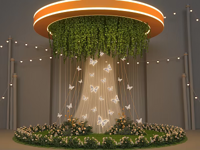 Stunning Photo Spot With Orange Glowing Ceiling Green Vines White Butterflies And Flower Base 3d model