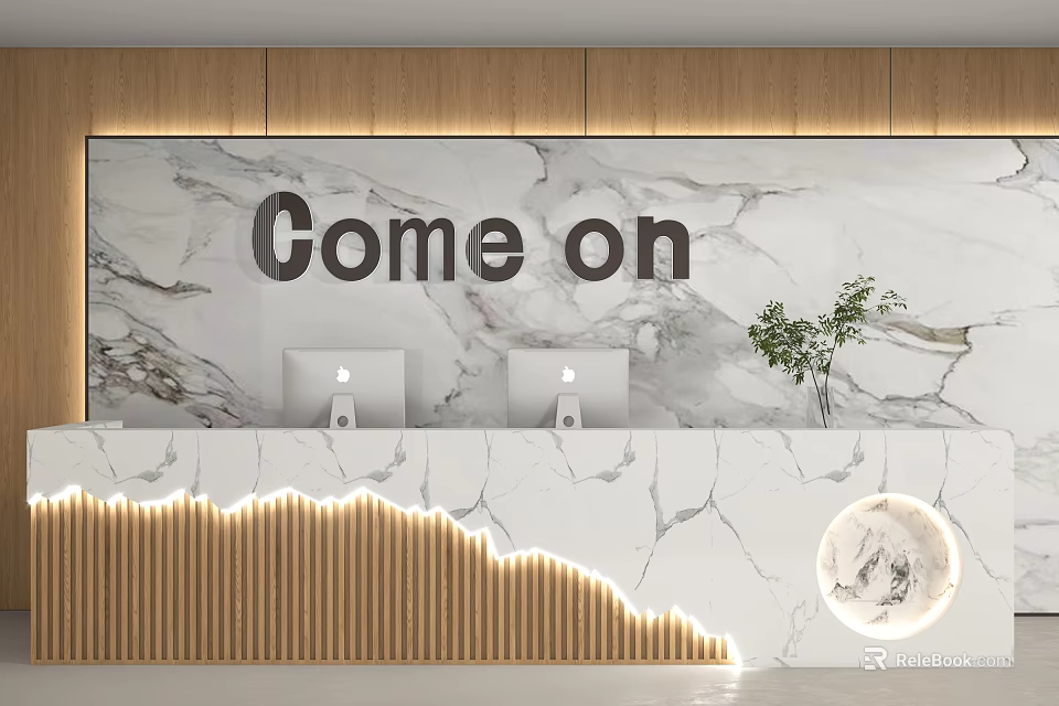 Store Front Desk With Marble Background Wooden Panels Two Computers Green Plant And Lighting Strips 3d model 
