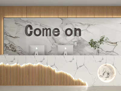 Store Front Desk With Marble Background Wooden Panels Two Computers Green Plant And Lighting Strips 3d model