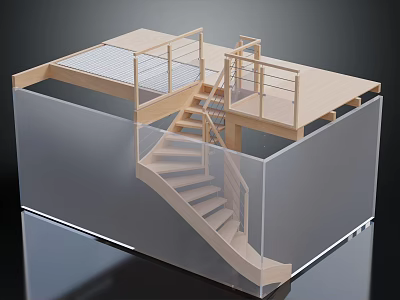 Wooden Staircase And Platform Structure With Transparent Railing Display Model 3d model