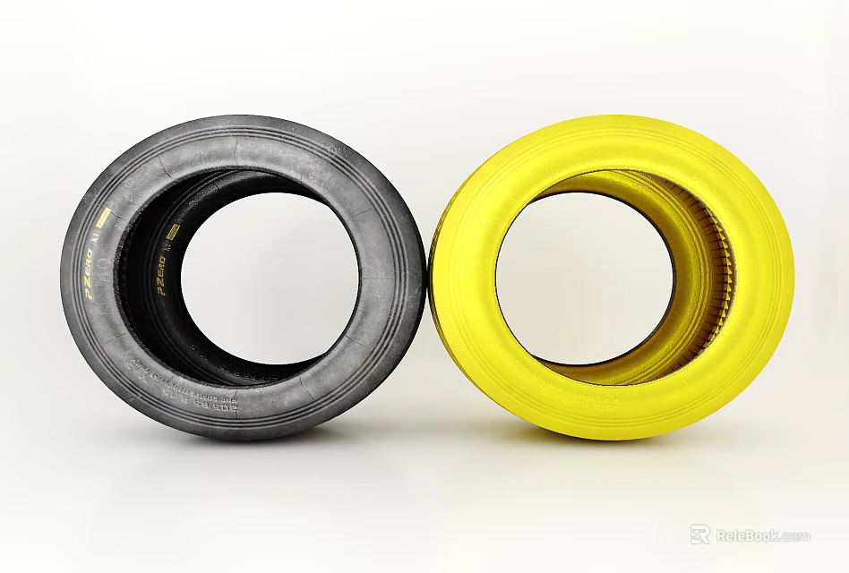 Two Black and Yellow Tires Showcased Side by Side on White Background 3d model 
