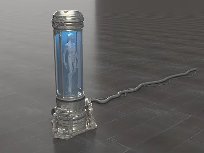 Transparent Container Holding Blue Glowing Human Figure With Metallic Base And Cable 3d model