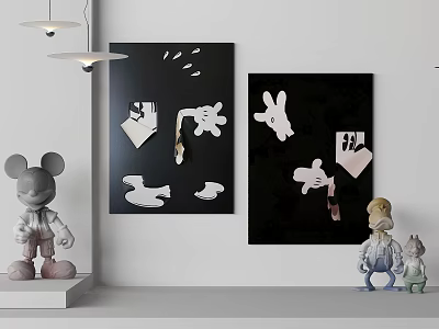 Black Background Artworks With White Cartoon Designs Mickey Mouse Sculptures And Pendant Lights 3d model