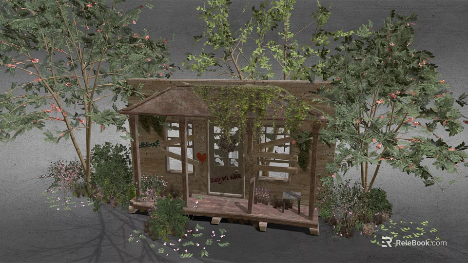 Cozy Wooden Cabin with Porch and Sloped Roof Surrounded by Green Trees and Flowers 3d model 