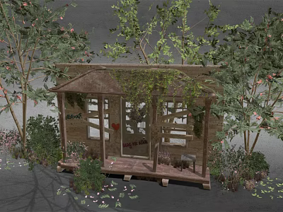 Cozy Wooden Cabin with Porch and Sloped Roof Surrounded by Green Trees and Flowers 3d model