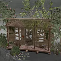 Cozy Wooden Cabin with Porch and Sloped Roof Surrounded by Green Trees and Flowers