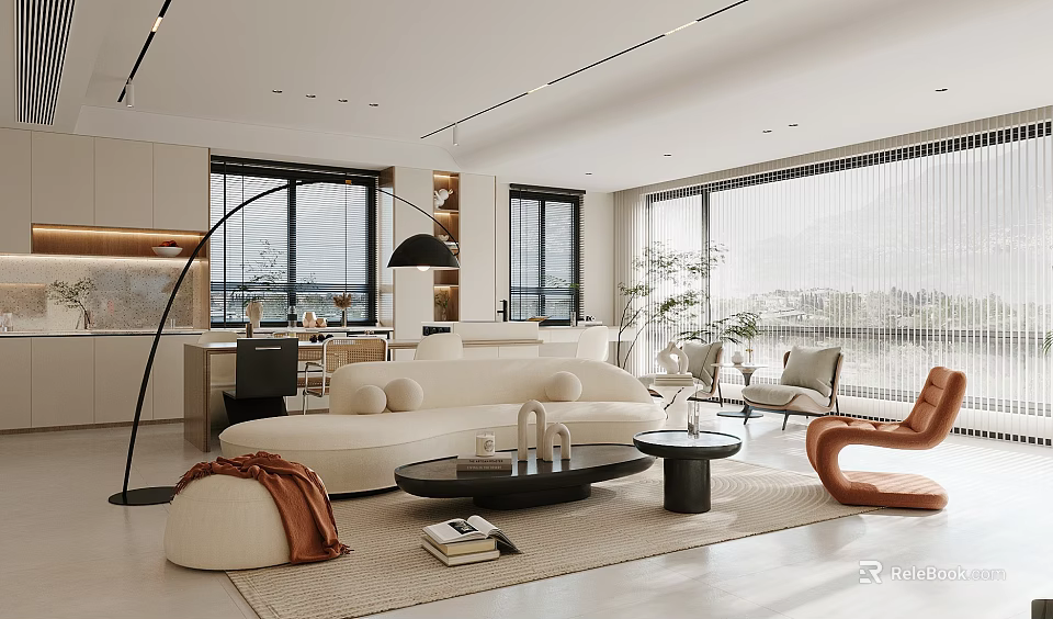 Modern Living Dining Room Interior With Open Concept Sofa Coffee Table And Chairs 3d model