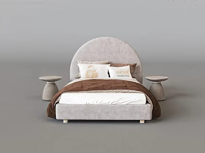 Modern Light Gray Velvet Double Bed With Round Headboard And Matching Upholstered Bedside Tables 3d model