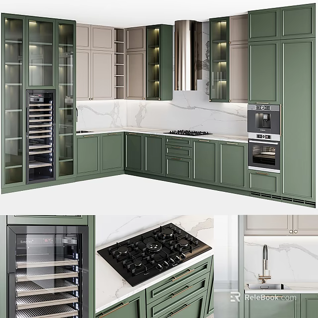 Modern Green Kitchen Interior With Cabinets Glass Doors Marble Countertop And Gas Stove 3d model 