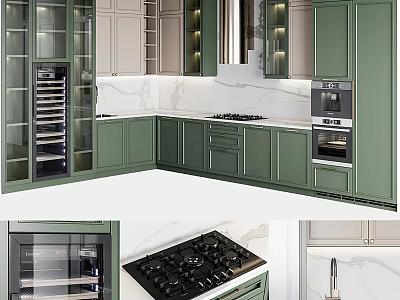 Modern Green Kitchen Interior With Cabinets Glass Doors Marble Countertop And Gas Stove 3d model