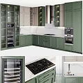 Modern Green Kitchen Interior With Cabinets Glass Doors Marble Countertop And Gas Stove